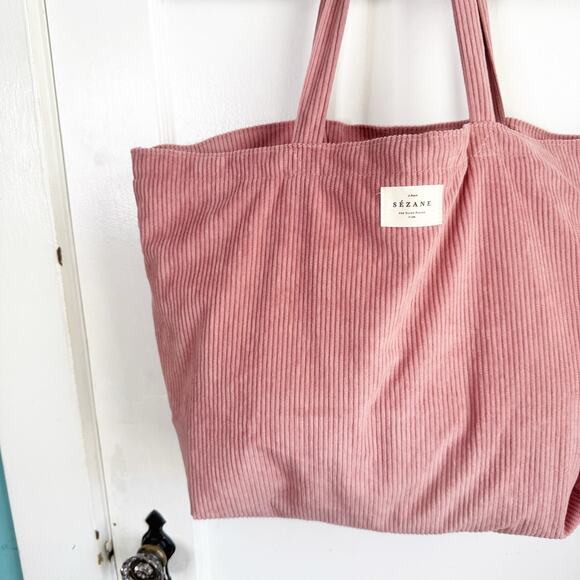 Sezane Tote Bag Pink La Maille Ribbed Corduroy Double Handle Lined Rectangular - Picture 3 of 12